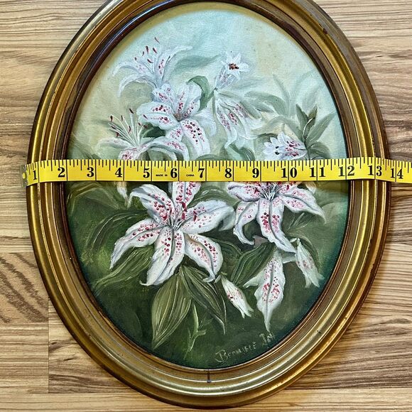 Vintage Original Signed Floral Painting Gold Frame Oval Lilly Lilies 13 x 16 - Picture 9 of 9
